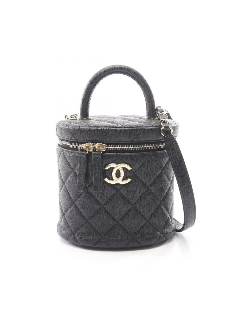 Chanel Handbag Quilted 2-Way Black Caviar Leather Vanity Chain
